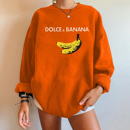 Banana Print Women Sweatshirts, Streetwear Round Neck Long Sleeve Drop Shoulder Loose Winter Woman Sweatshirts