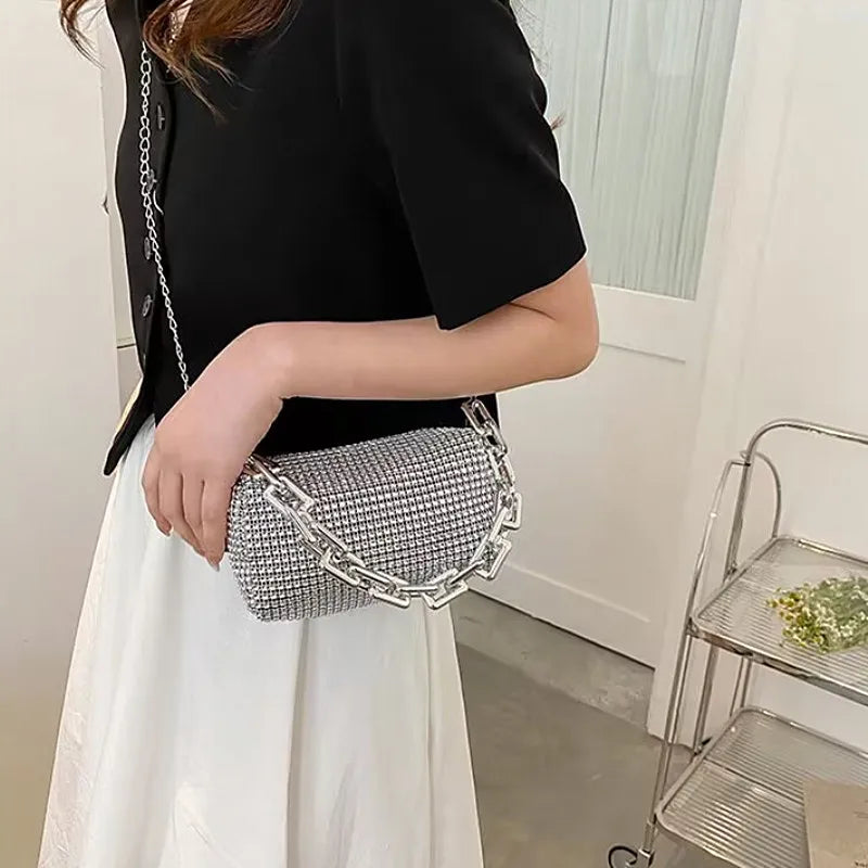 Allover Rhinestone Bucket Bag, Glitter Chain Prom Purse, Women's Mini Crossbody Bag (6.3*3.54) Inch