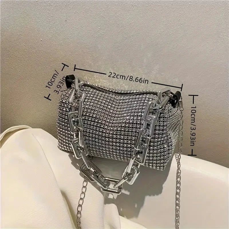 Allover Rhinestone Bucket Bag, Glitter Chain Prom Purse, Women's Mini Crossbody Bag (6.3*3.54) Inch