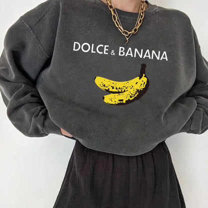 Banana Print Women Sweatshirts, Streetwear Round Neck Long Sleeve Drop Shoulder Loose Winter Woman Sweatshirts