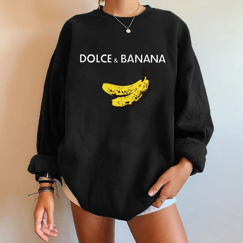 Banana Print Women Sweatshirts, Streetwear Round Neck Long Sleeve Drop Shoulder Loose Winter Woman Sweatshirts