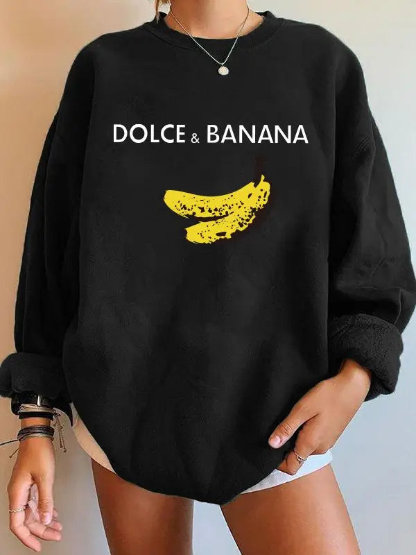 Banana Print Women Sweatshirts, Streetwear Round Neck Long Sleeve Drop Shoulder Loose Winter Woman Sweatshirts