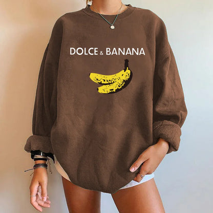 Banana Print Women Sweatshirts, Streetwear Round Neck Long Sleeve Drop Shoulder Loose Winter Woman Sweatshirts