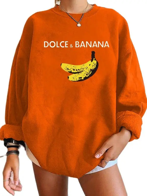 Banana Print Women Sweatshirts, Streetwear Round Neck Long Sleeve Drop Shoulder Loose Winter Woman Sweatshirts