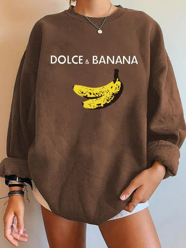 Banana Print Women Sweatshirts, Streetwear Round Neck Long Sleeve Drop Shoulder Loose Winter Woman Sweatshirts